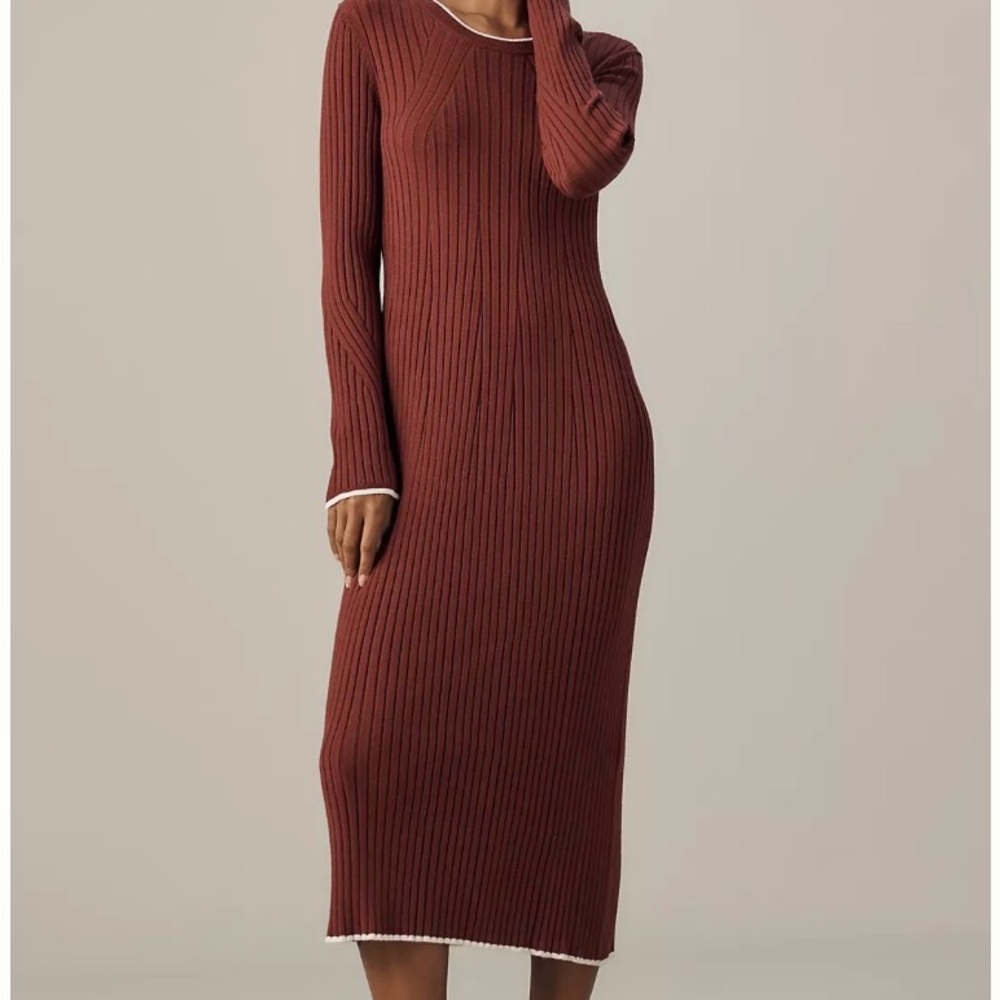 Varley Long Sleeve Ribbed Dress in Rich Brown